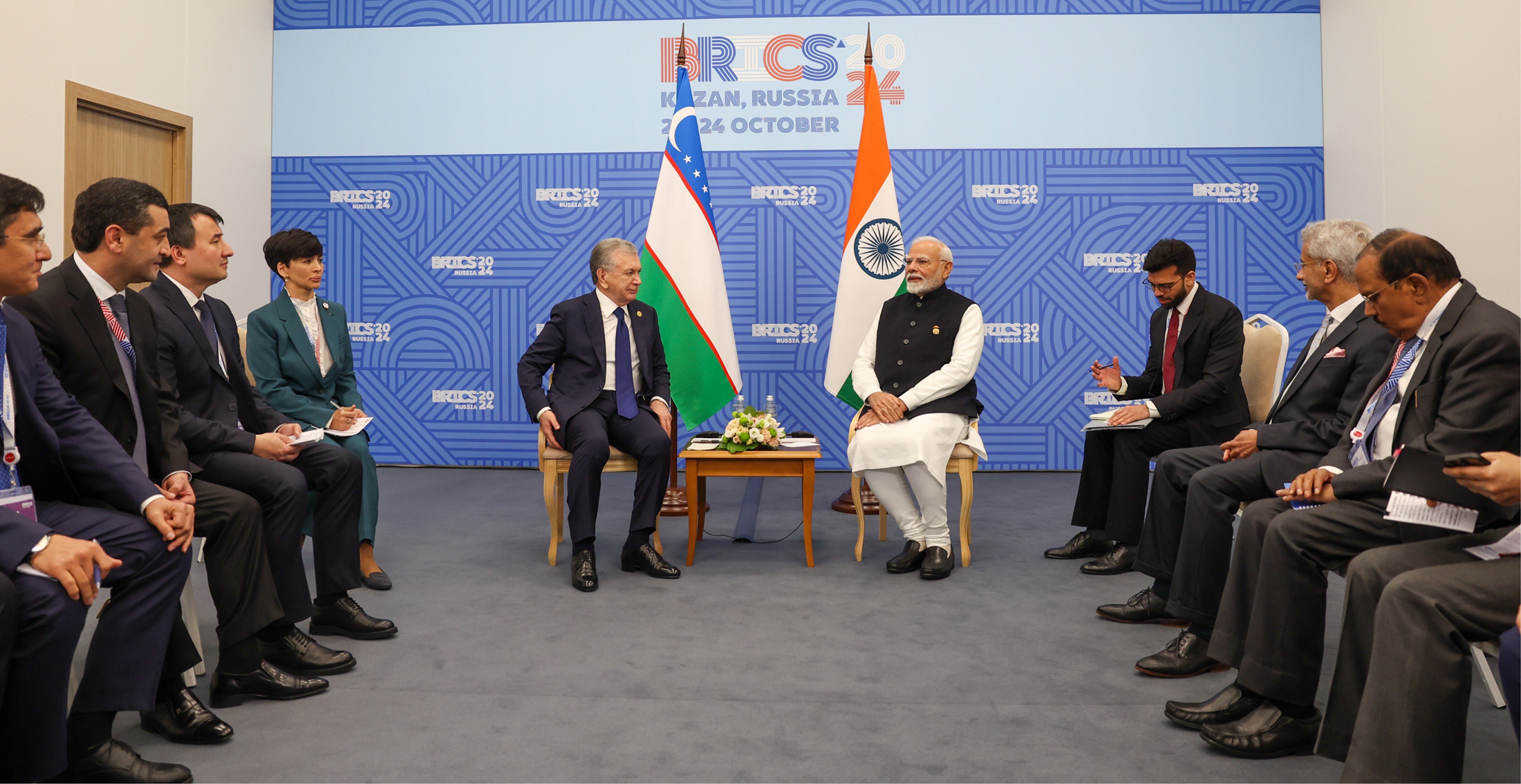 PM in a bilateral meeting with the President of the Republic of Uzbekistan, Mr. Shavkat Mirziyoyev, on the sidelines of the 16th BRICS Summit at Kazan, in Russia on October 23, 2024.