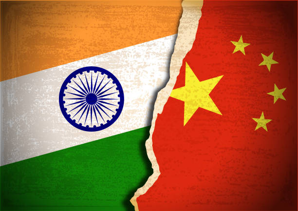 Vector of Conflict concept of Indian Flag and Chinese flag background.