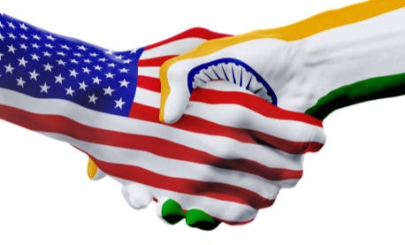 United States and India, countries flags, handshake concept cooperation, partnership, friendship, business deal or sports competition isolated on white