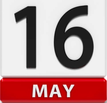 Red and white calendar icon from cubes - The Sixteenth of May - on a white table - International Day of Living Together in Peace and Biographers Day, three-dimensional rendering, 3D illustration